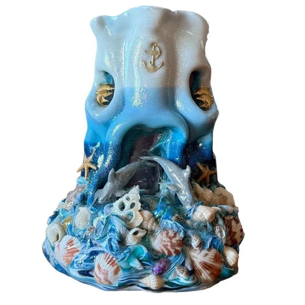 Candies Creations Oceanic Nautical Blue Carved Candle With Seashells Dolphins